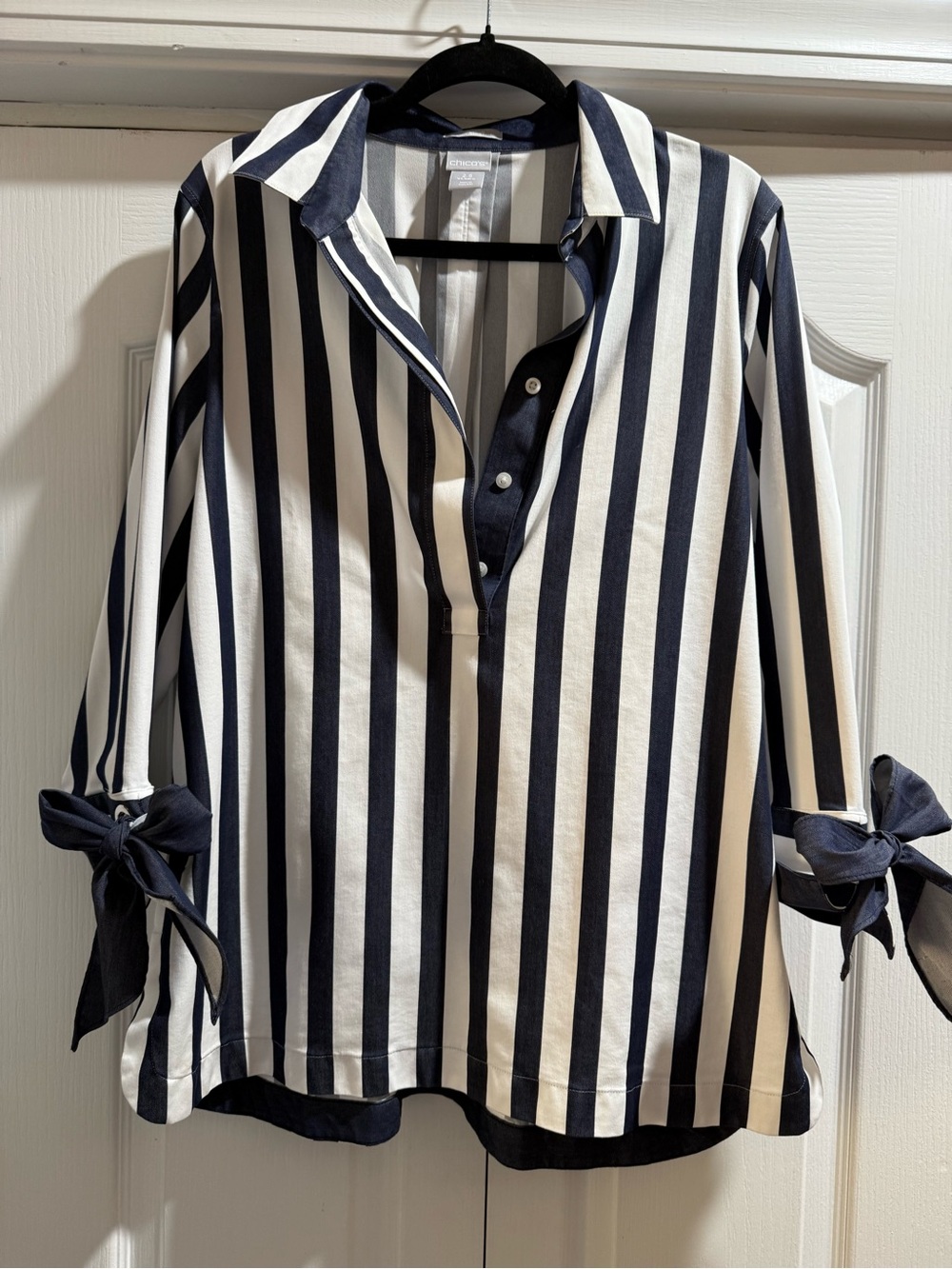 Chico's Navy & White Vertical-Stripe Tie-Sleeve Tunic